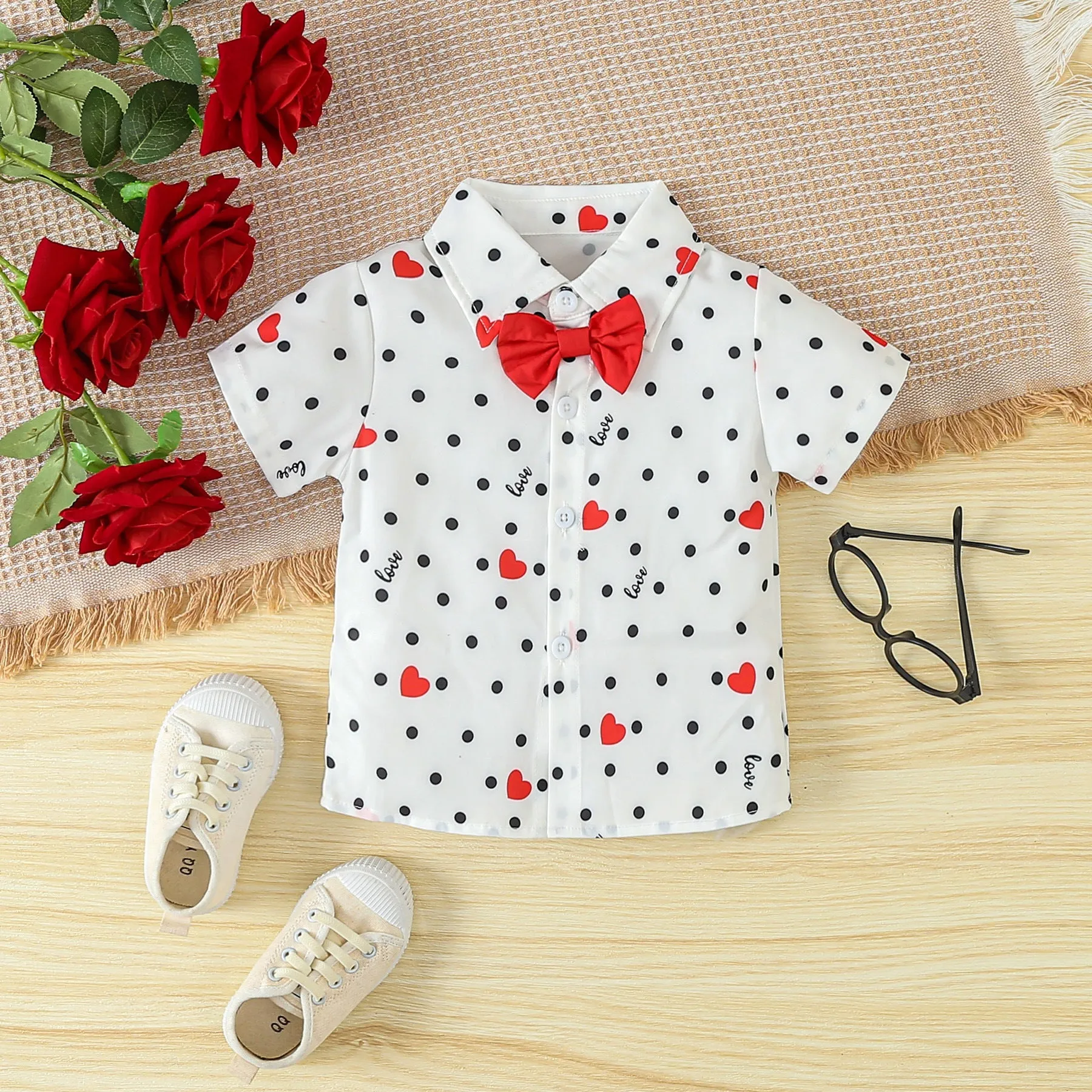 2 Pieces Set Baby Kid Boys Valentine's Day Letters Love heart Print Tops And Solid Color Shorts Wholesale 24030179