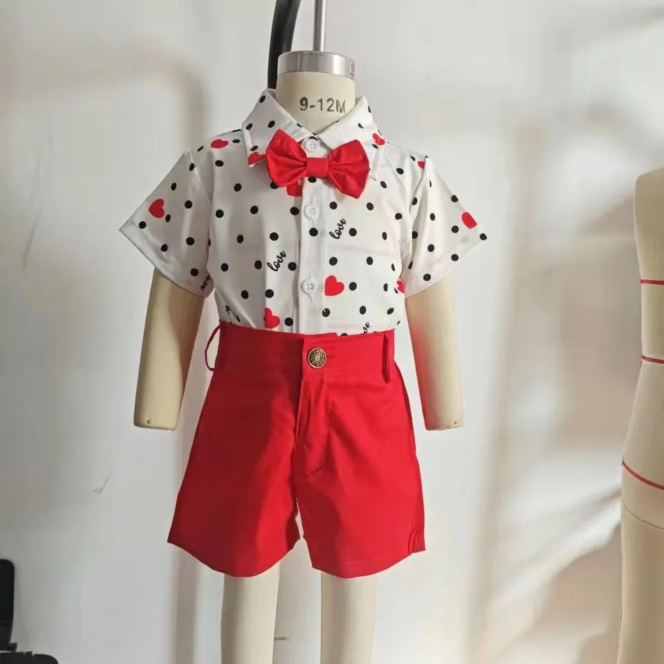 2 Pieces Set Baby Kid Boys Valentine's Day Letters Love heart Print Tops And Solid Color Shorts Wholesale 24030179