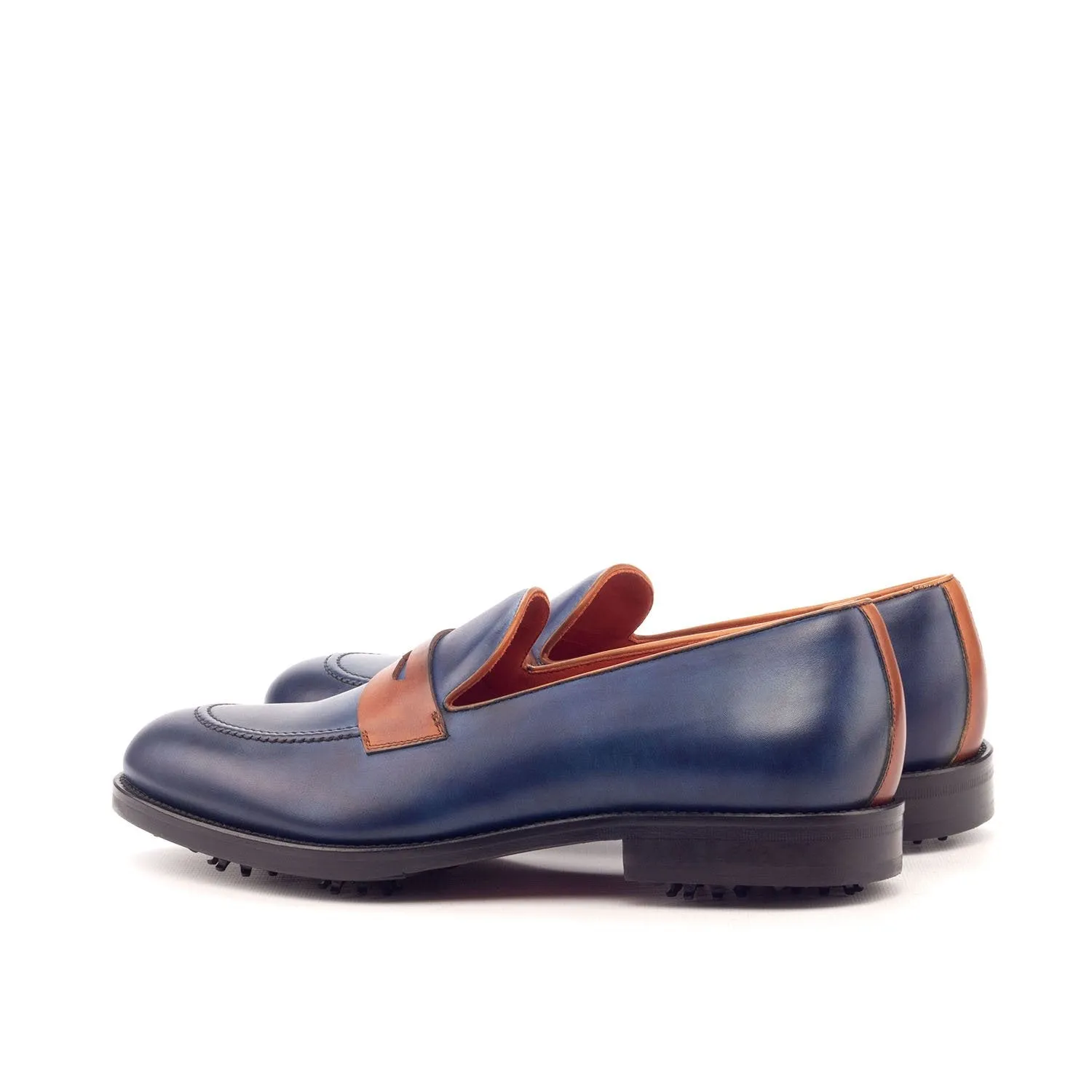 Ambrogio Bespoke Custom Men's Shoes Cognac & Navy Calf-Skin Leather Golf Loafers (AMB2168)