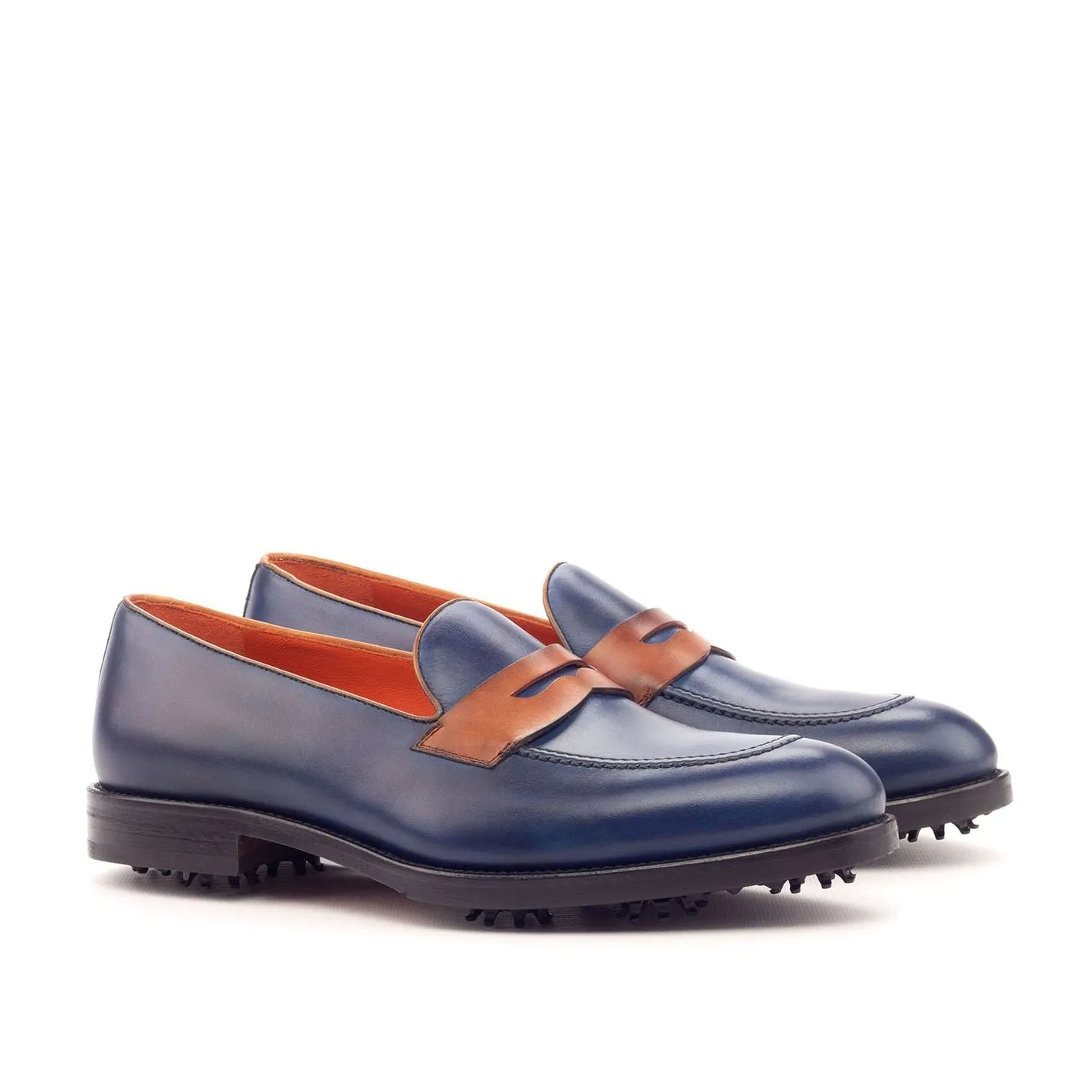 Ambrogio Bespoke Custom Men's Shoes Cognac & Navy Calf-Skin Leather Golf Loafers (AMB2168)