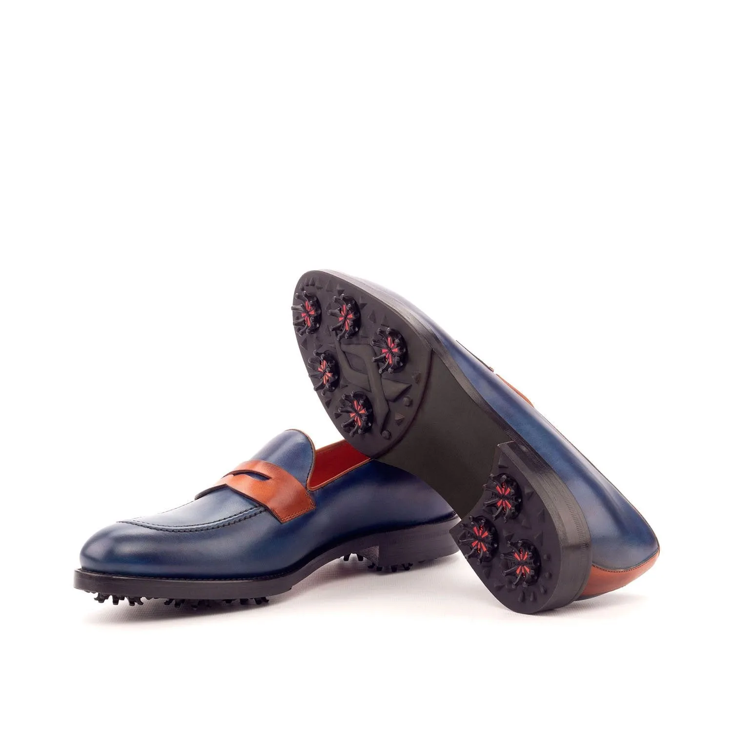 Ambrogio Bespoke Custom Men's Shoes Cognac & Navy Calf-Skin Leather Golf Loafers (AMB2168)