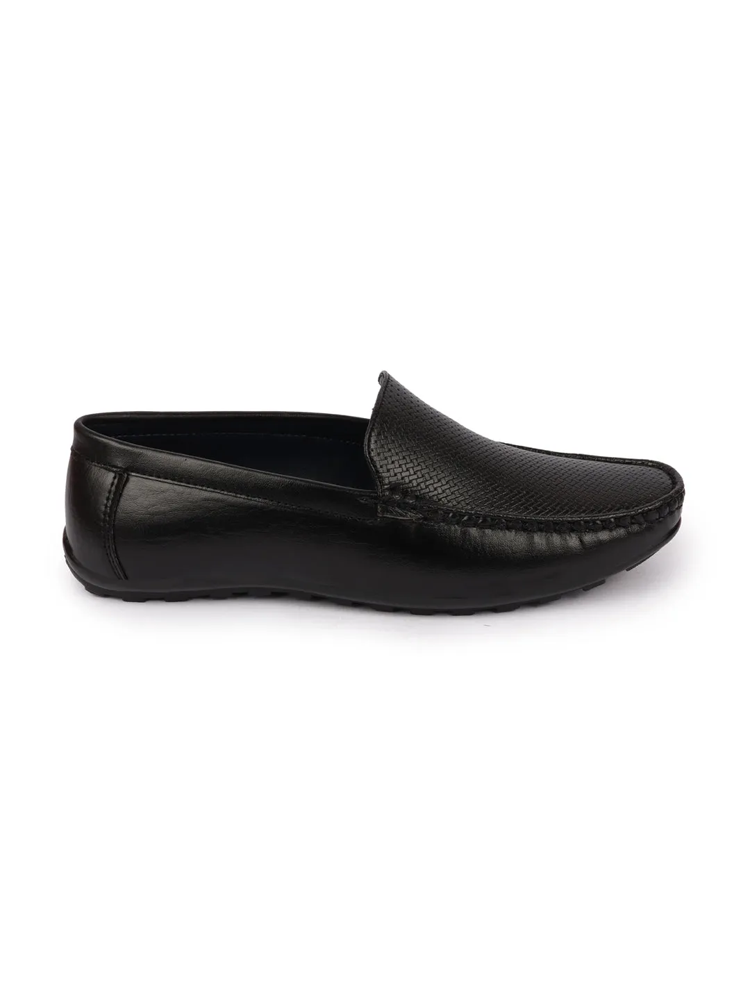 Basics Men Black Textured Print Side Stitched Casual Slip On Loafers and Moccasin Shoes