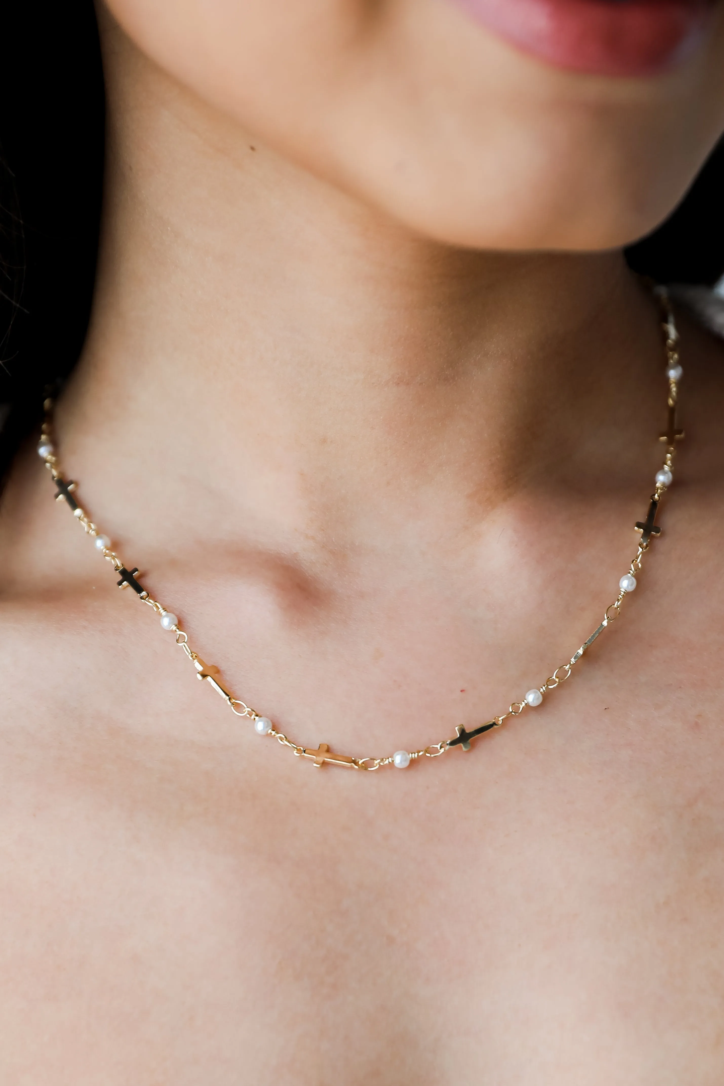 Charlotte Gold Cross   Pearl Chain Necklace