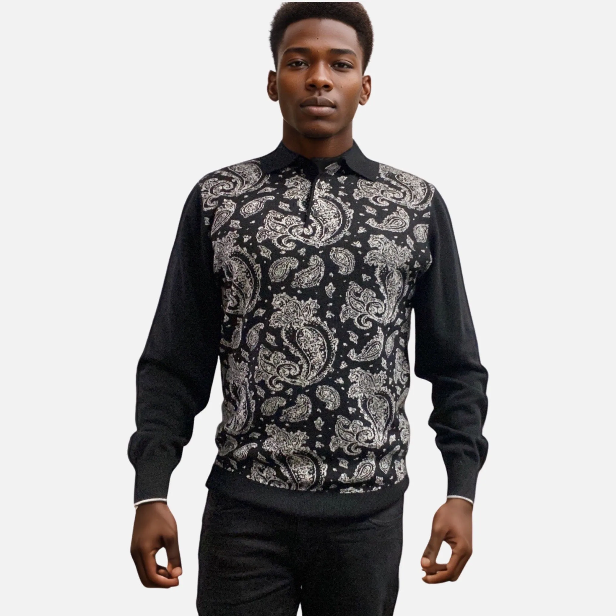 Cigar Black Paisley Polo Collar Sweater P-305