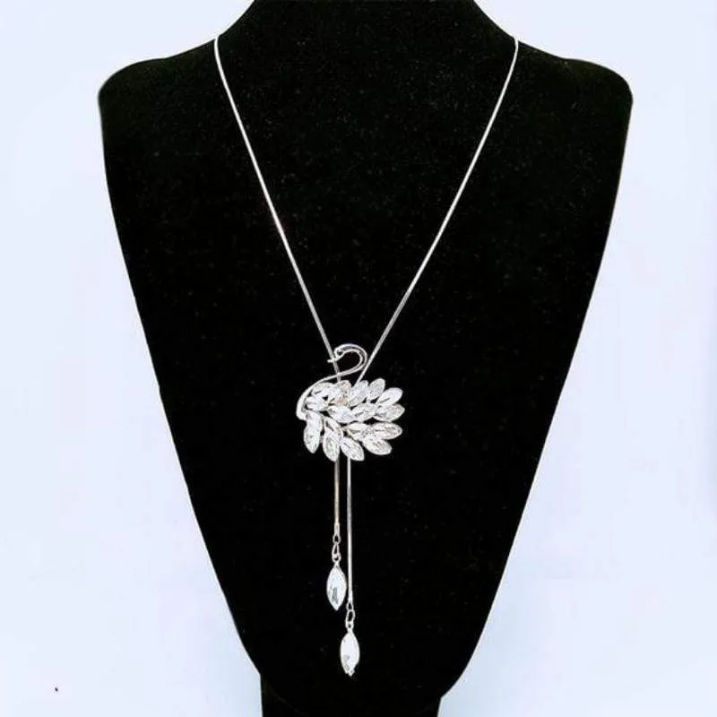 Crystalline Swan Sweater Necklace