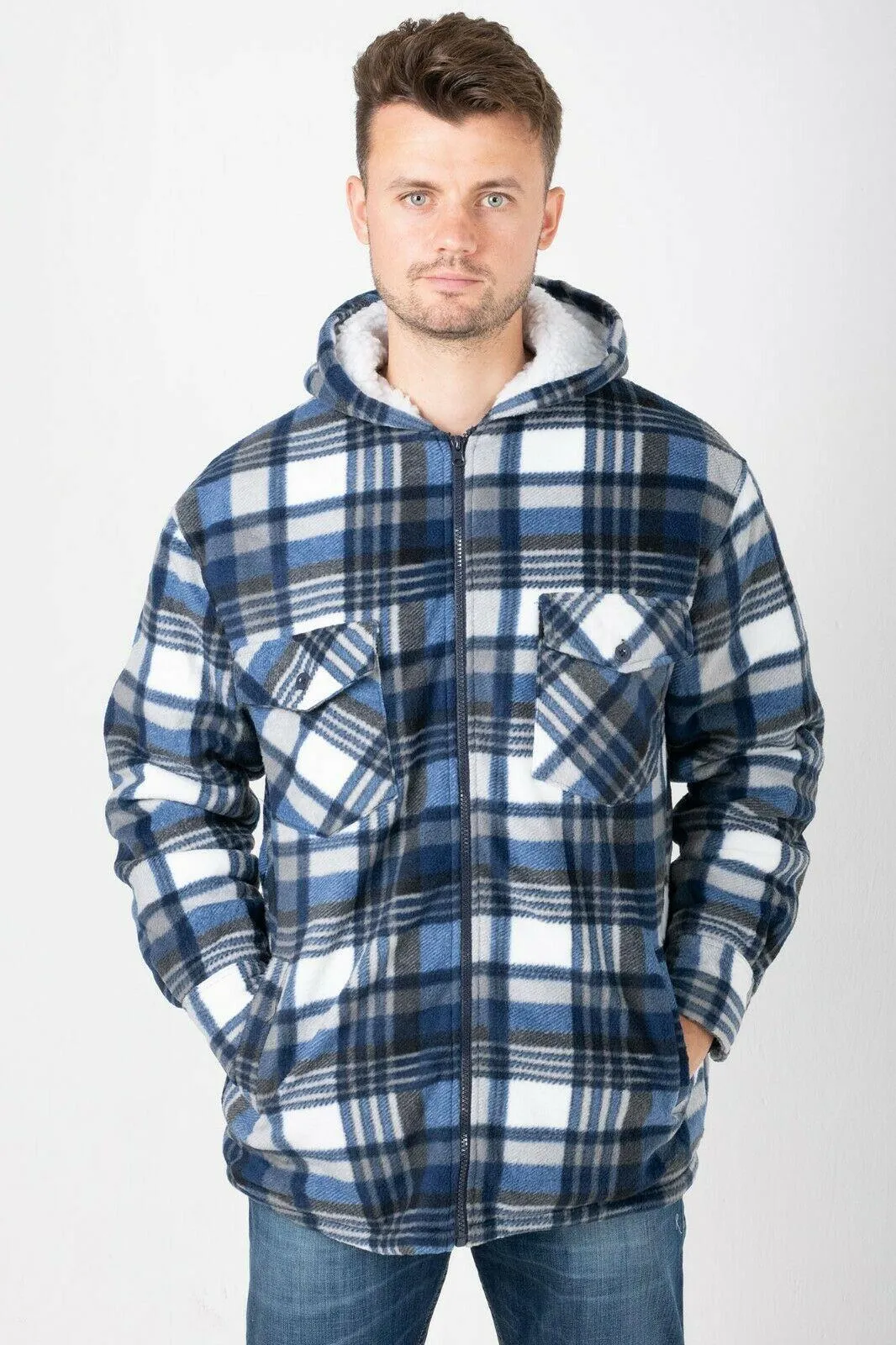 Hazy Blue Naxter Lumberjack Flannel Zip Up Hooded Jacket