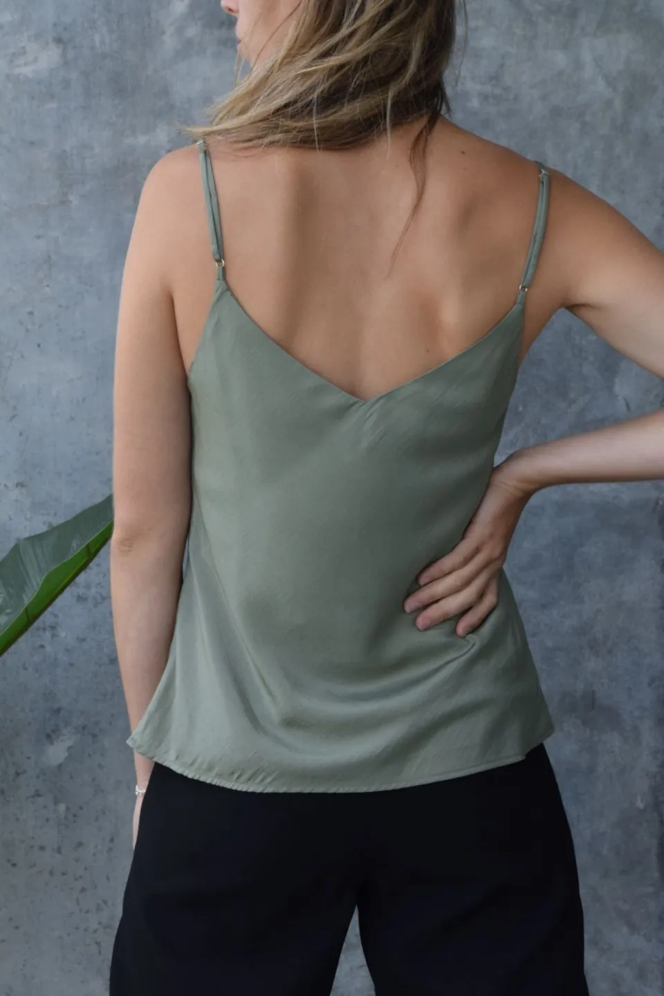 Moonlight Soft Olive Satin Bias V Neck Cami