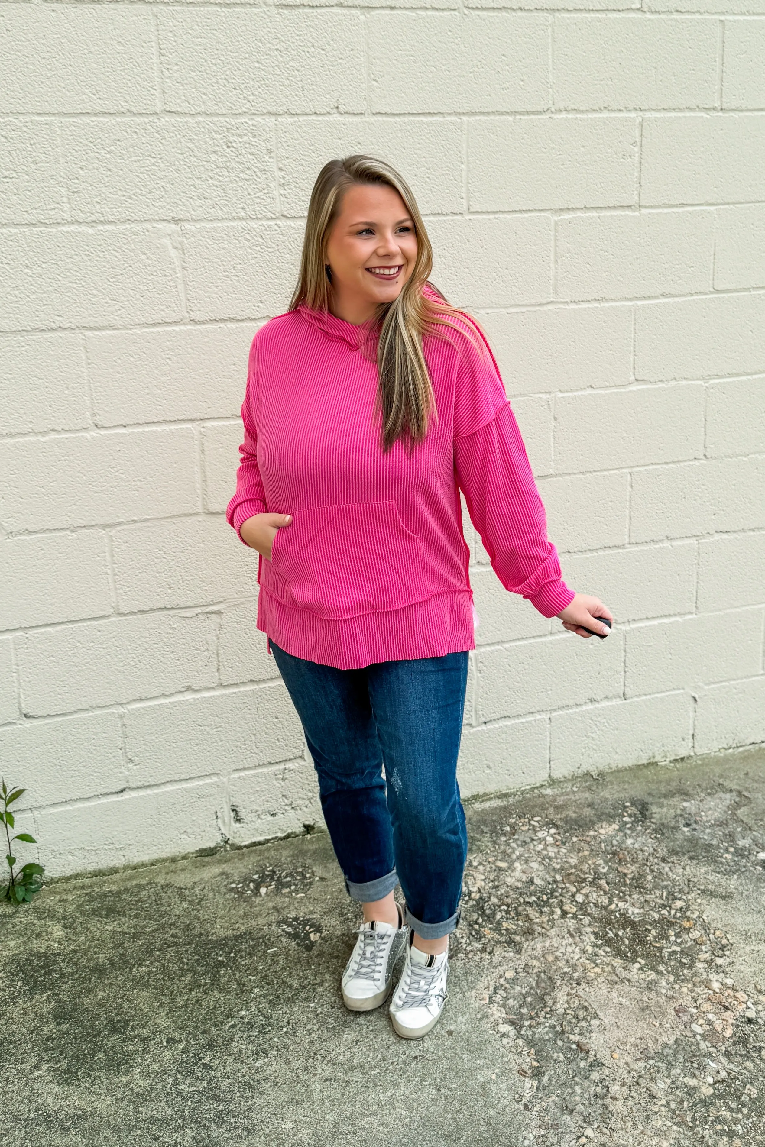 RESTOCK | Headed Home Ribbed Hoodie Top, Fuchsia