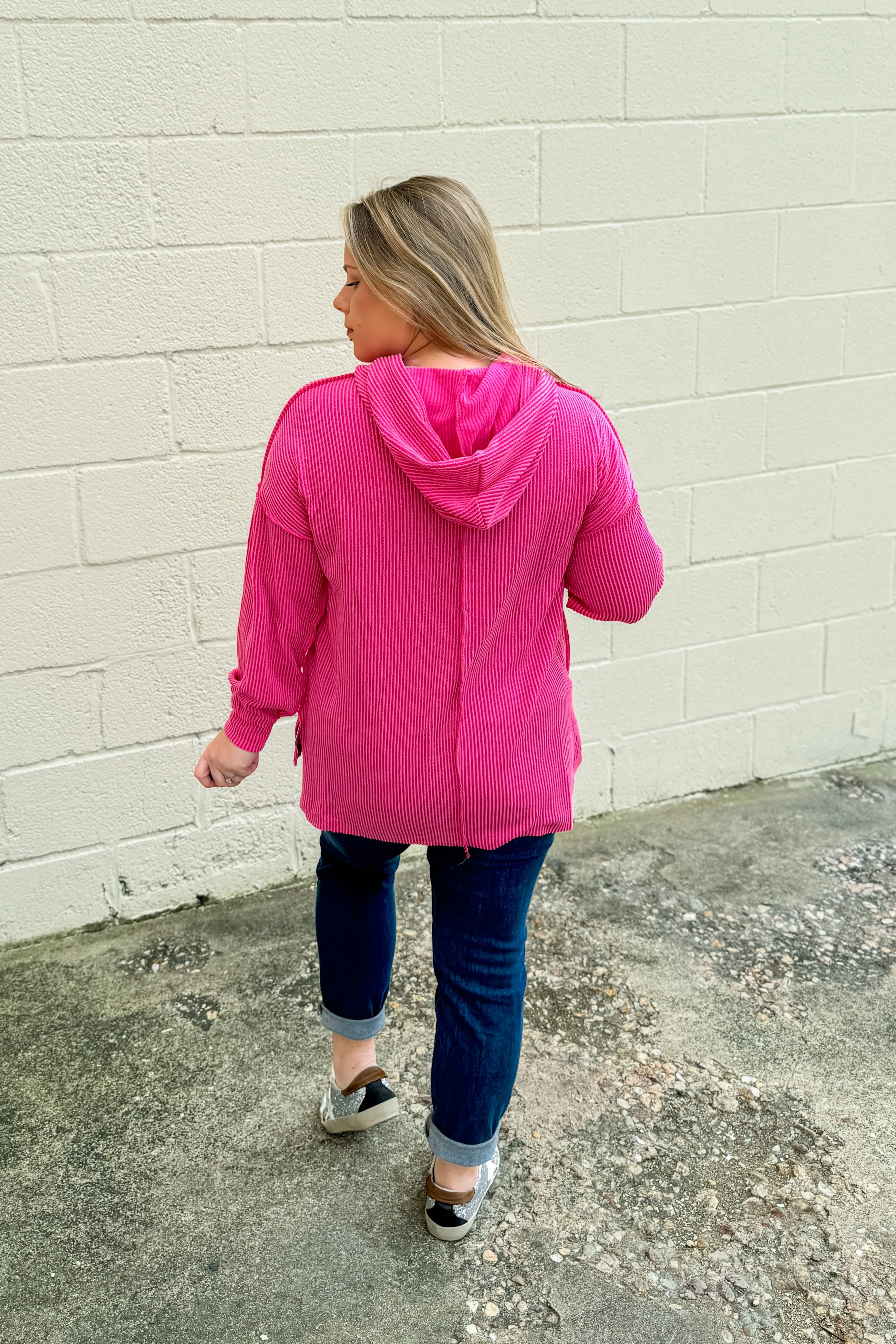 RESTOCK | Headed Home Ribbed Hoodie Top, Fuchsia