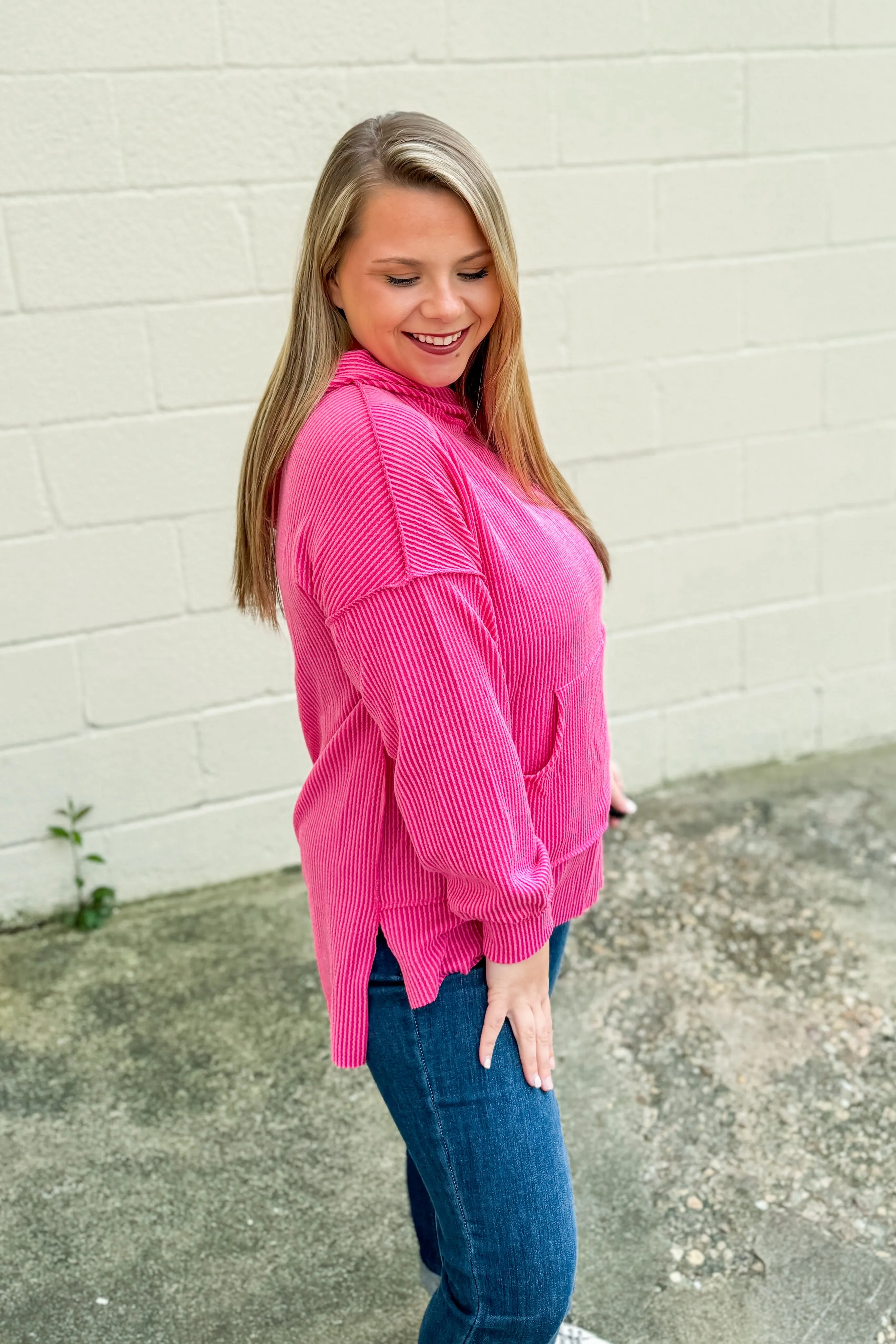 RESTOCK | Headed Home Ribbed Hoodie Top, Fuchsia