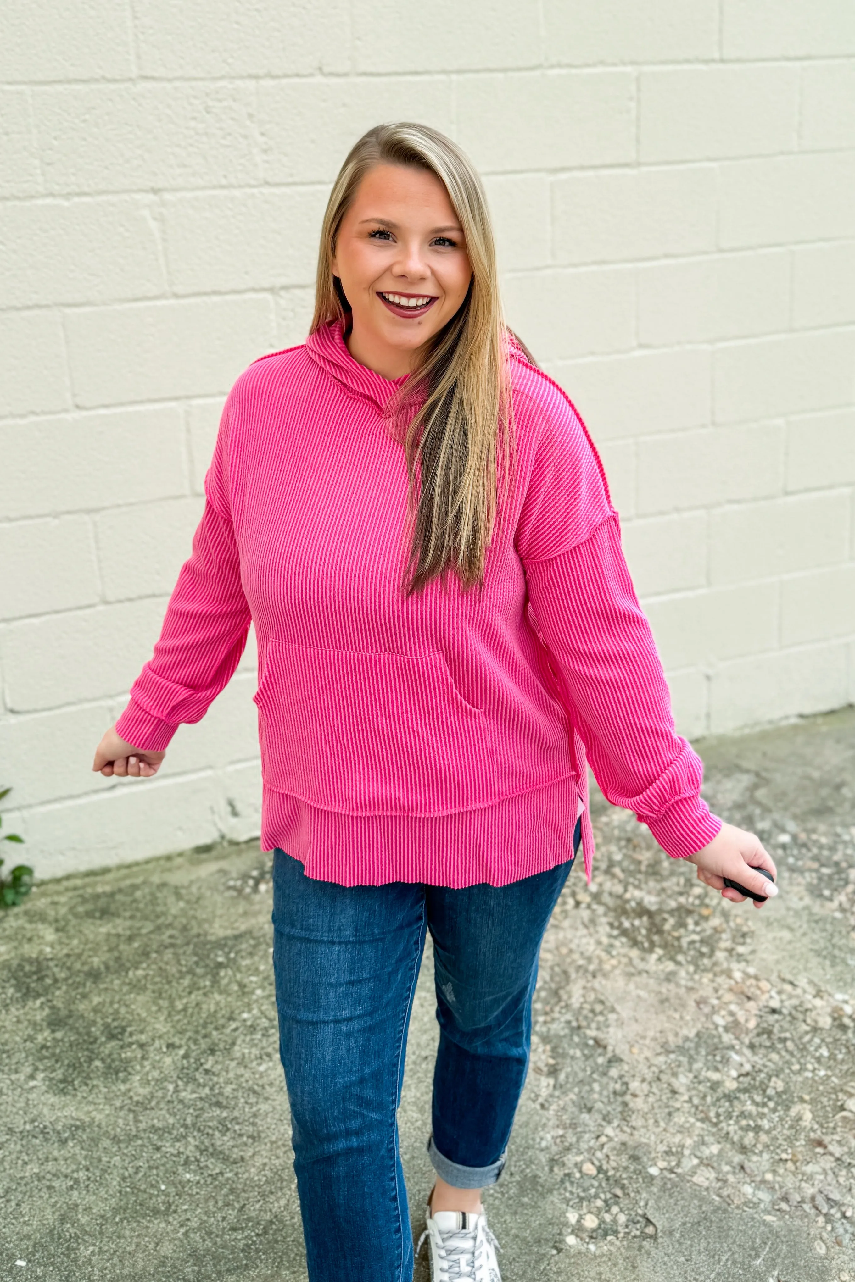 RESTOCK | Headed Home Ribbed Hoodie Top, Fuchsia