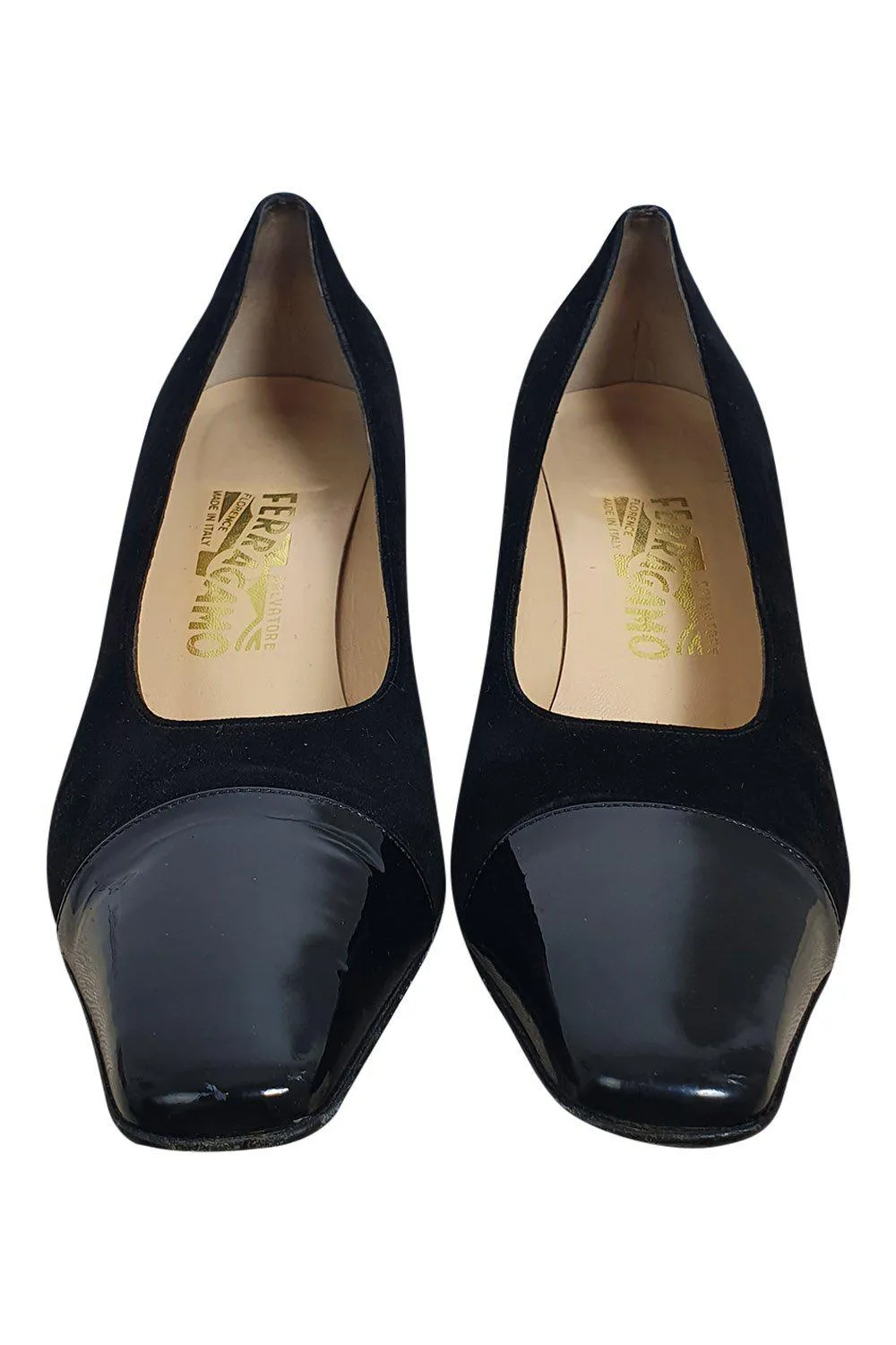 SALVATORE FERRAGAMO Black Suede Patent Leather Tip Court Shoes (10 B)