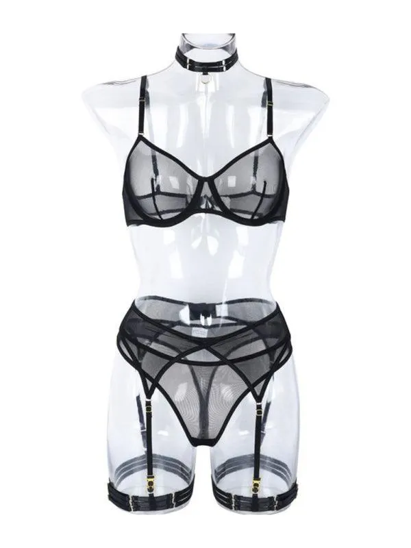 Solid Mesh Ladies Lingerie Set