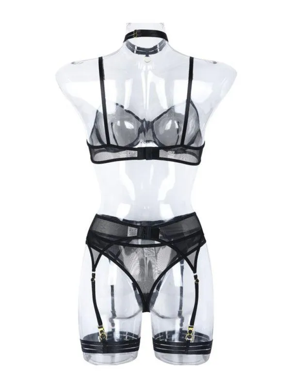 Solid Mesh Ladies Lingerie Set