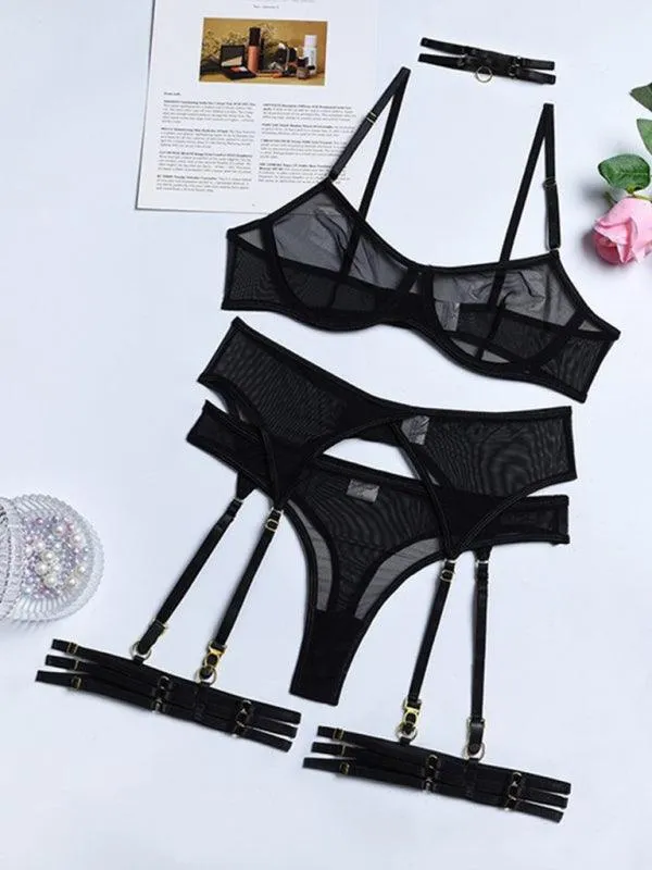 Solid Mesh Ladies Lingerie Set