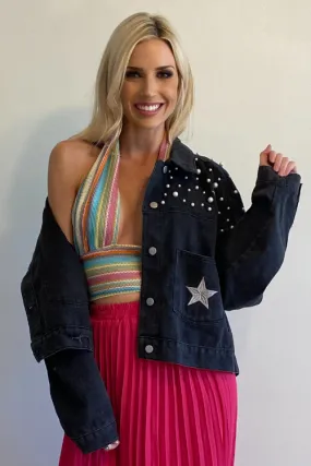 Stars & Pearls Distressed Denim Jacket