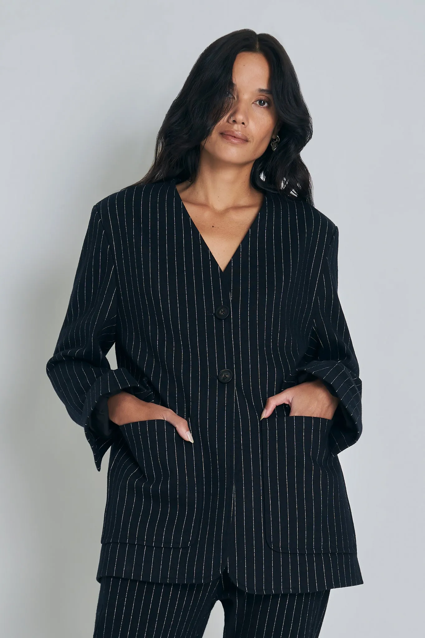 Stella Blazer | Black with Silver Pinstripe