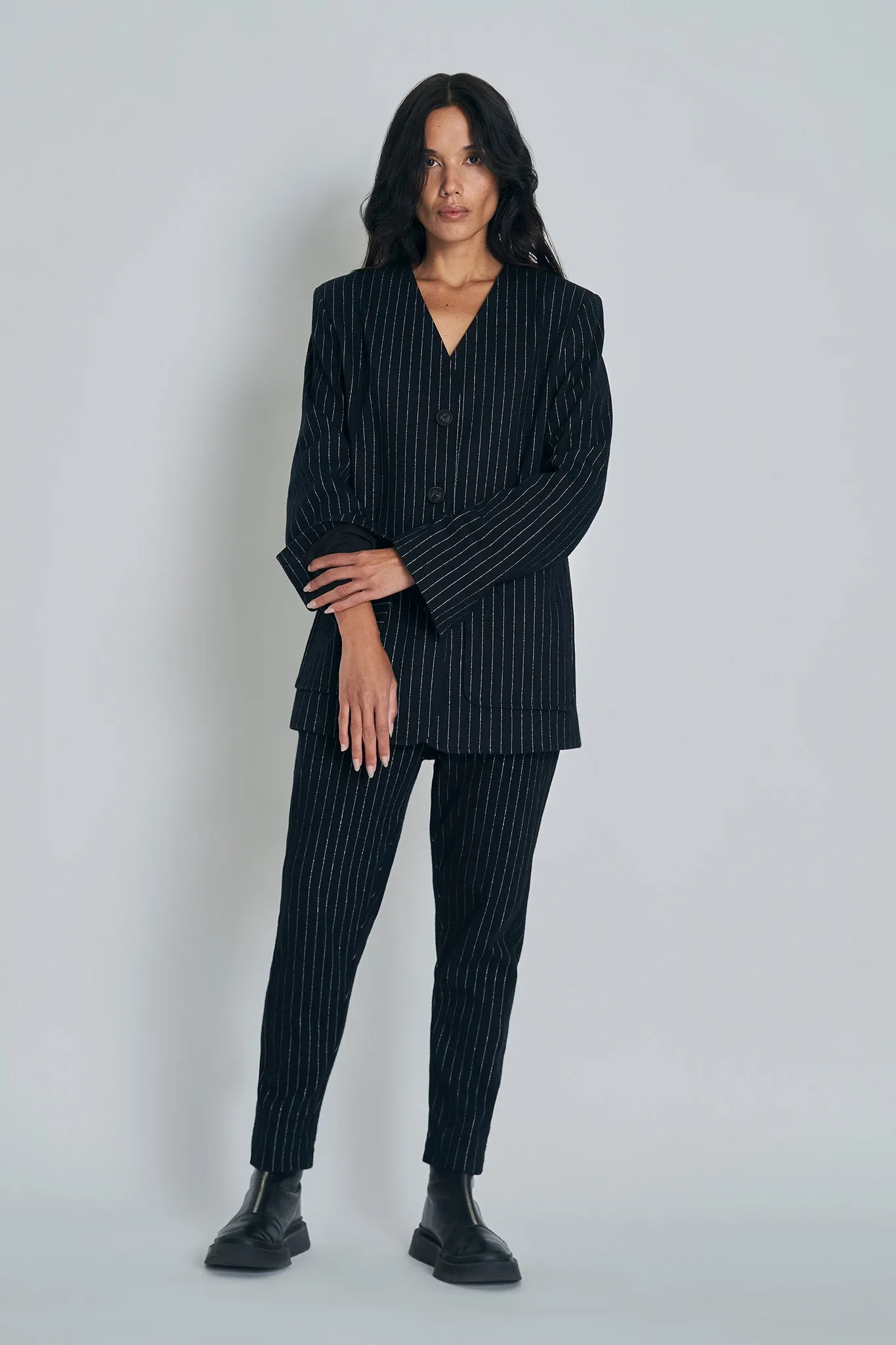 Stella Blazer | Black with Silver Pinstripe