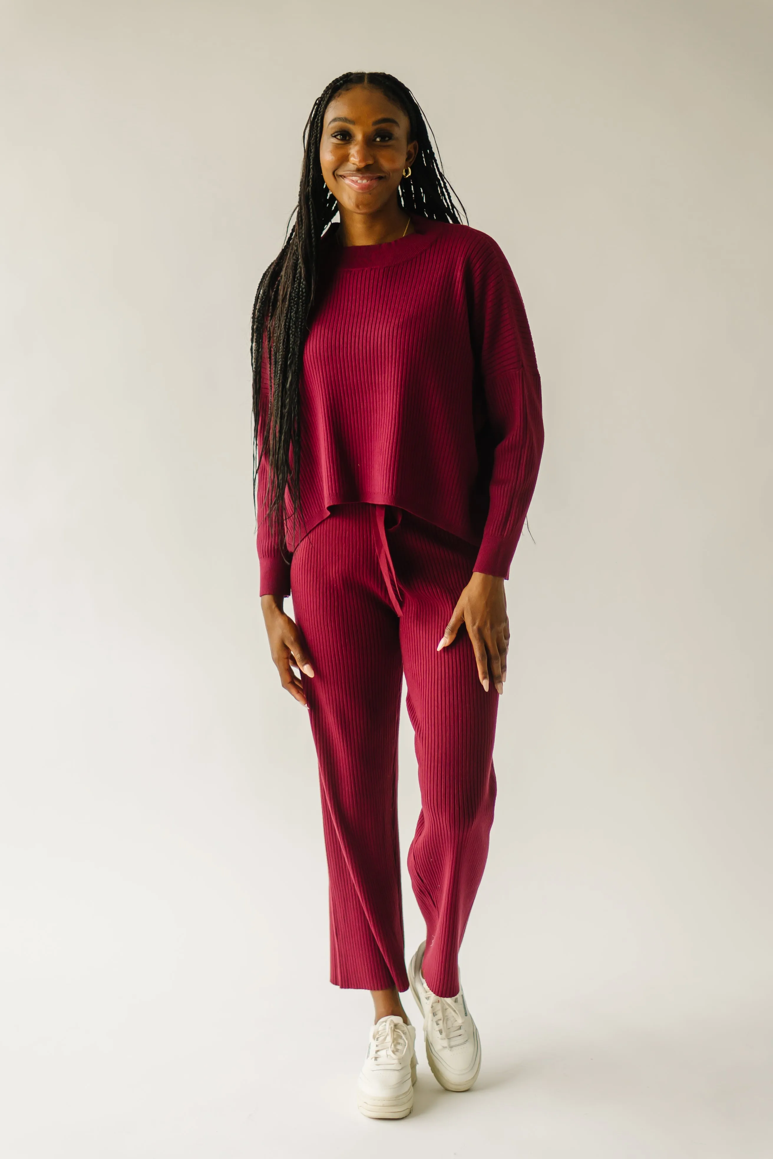 The Bethel Ribbed Straight Leg Sweater Pant in Mulberry