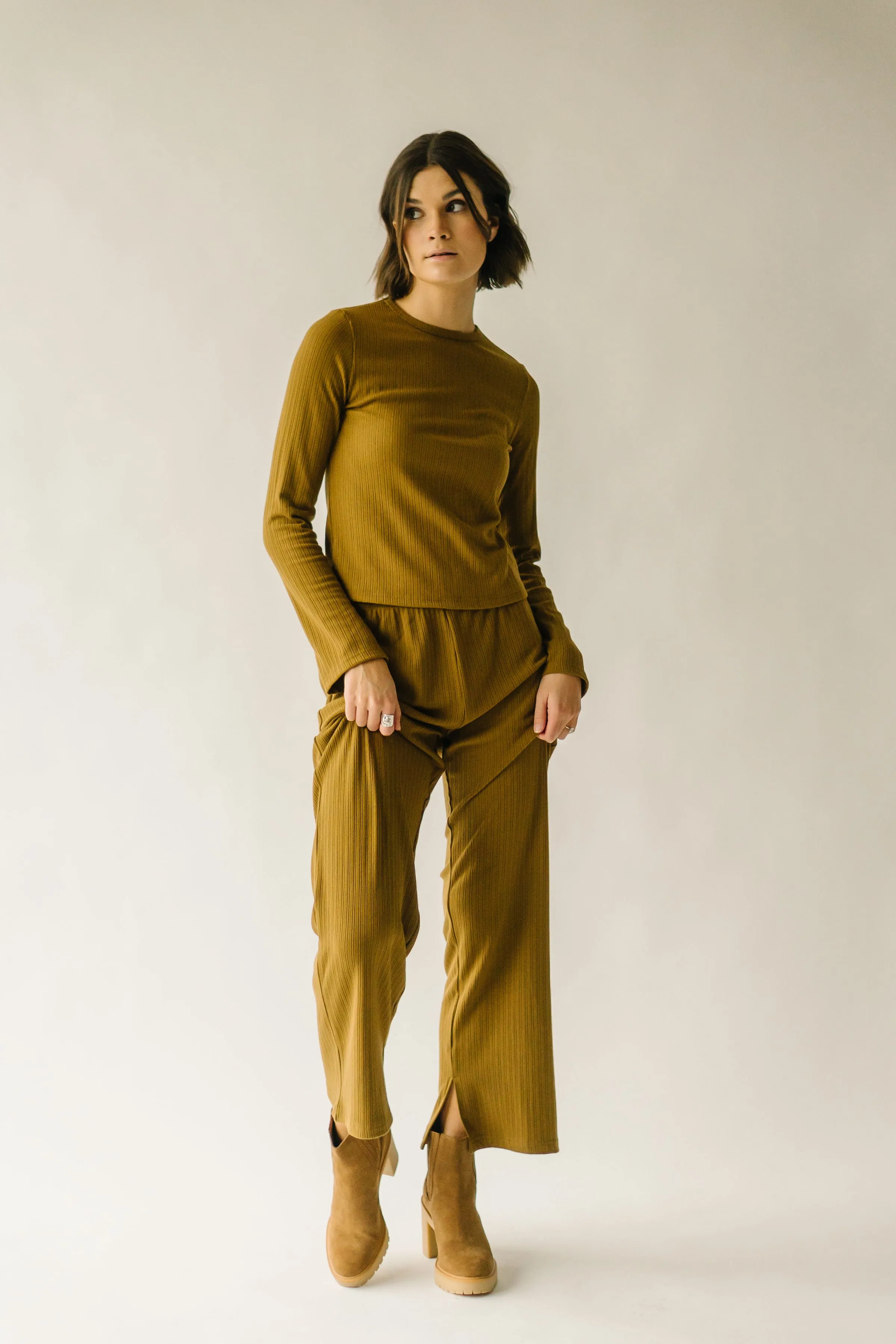 The Shia Long Sleeve Ribbed Tee in Golden Olive