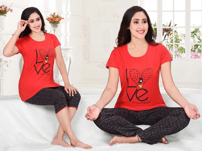 Women's Red Blush Cotton Top With 3/4th Pant & Full Pant Nightwear 3 pieces Set